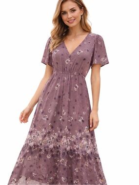 Xhilaration Maroon Dress Purple Wrap Floral Maxi Dress Short Sleeve Size Large